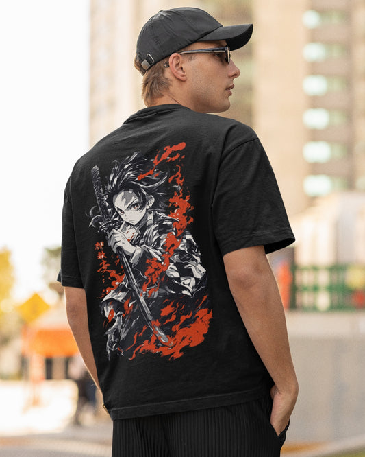 Camiseta OverSize Demon Slayer Tanjiro Llamas