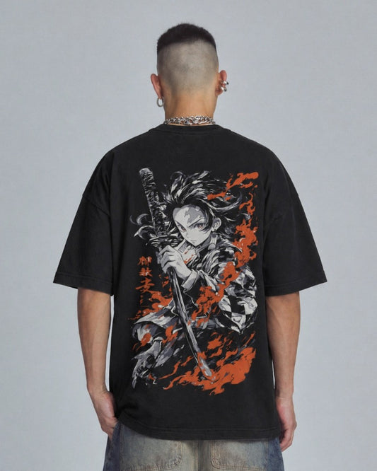 Camiseta OverSize Demon Slayer Tanjiro Llamas